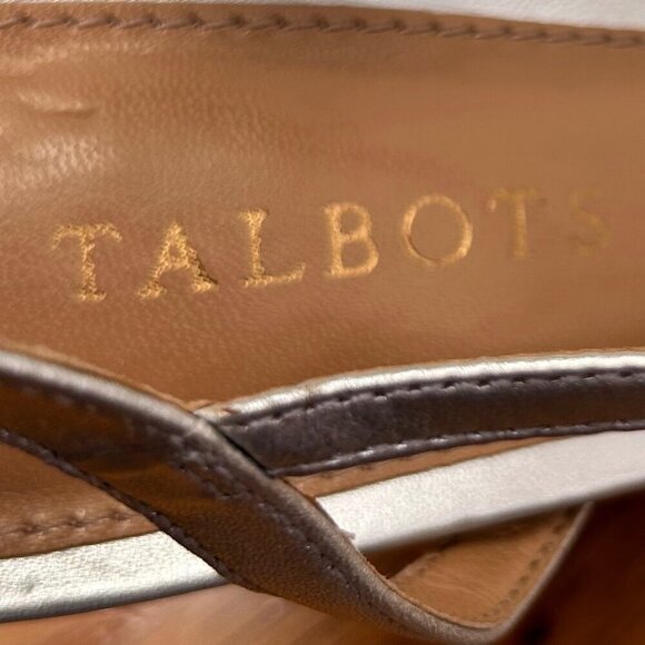 Talbots Silver Open Toe Slingback T-Strap Size 9B Strappy Heel Sandal Party Brun - Picture 6 of 7